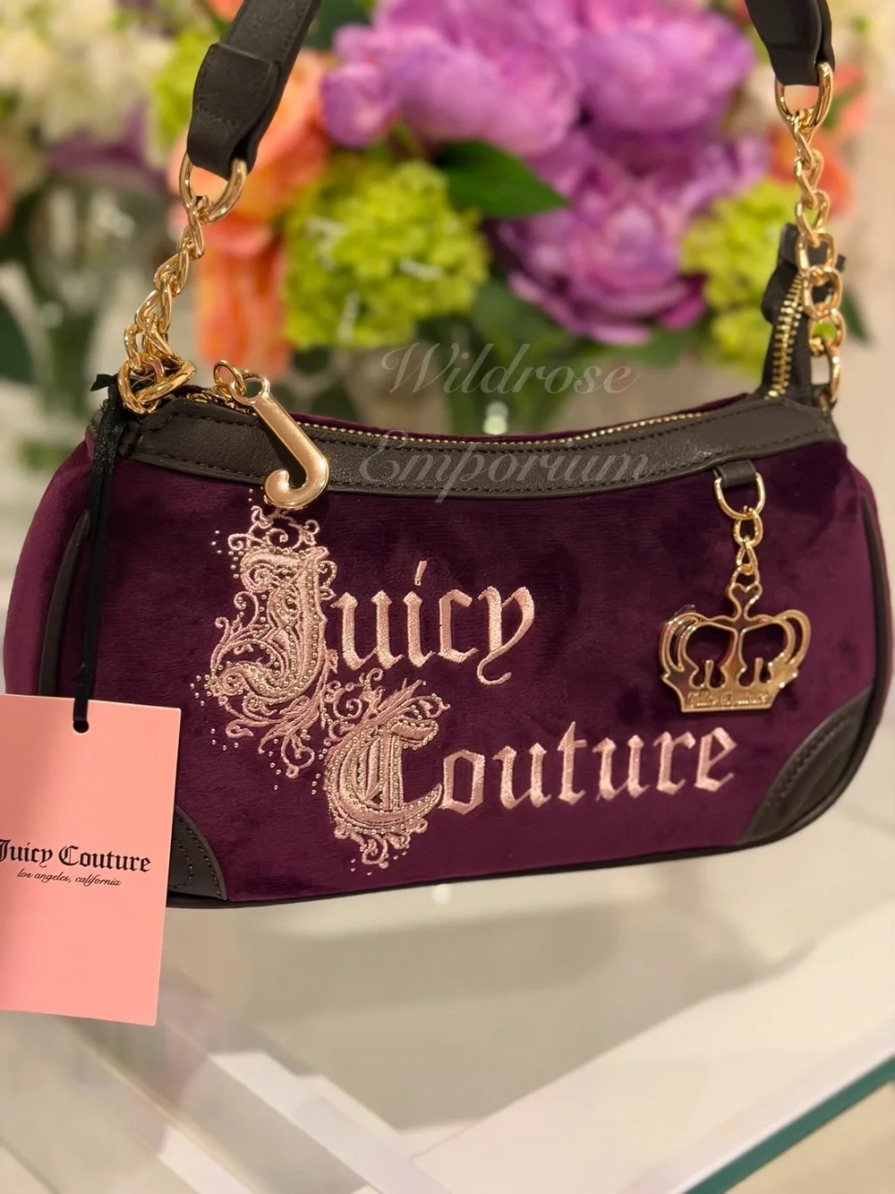 Juicy Couture Renaissance pickled beet purple gothic logo velour satchel Charm